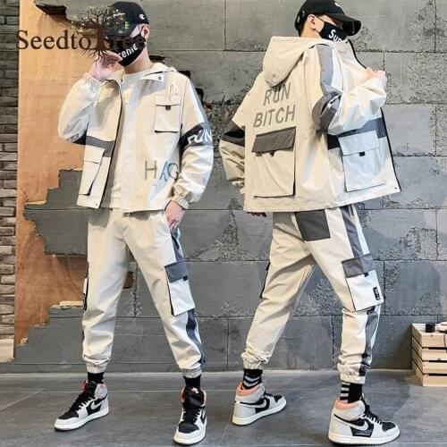 Mens Casual Suit Fashion Hooded Jacket Mens Overalls Suit Mens Sets
