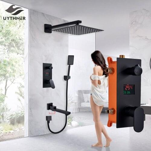 Bathroom Shower Faucet 3-Functions Matte Black Digital Shower Faucets Set Rainfall Shower Head 3-way Switch Shower Set Mixer Tap
