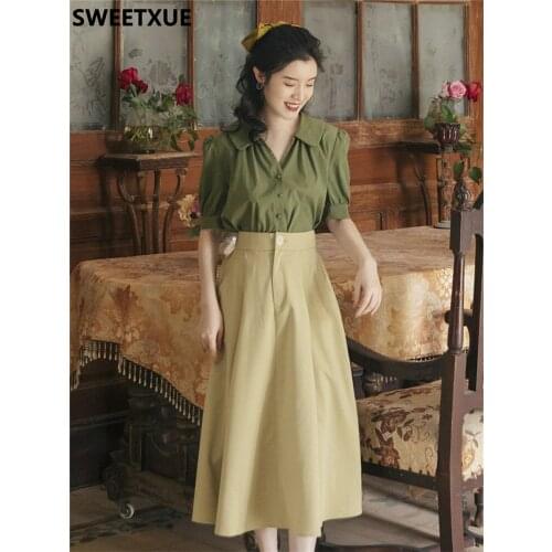 SWEETXUE Korean Fashion Womens Outfits 2021 Summer Vintage Elegant Shirt Blouse + High Waist A-line Skirt 2 Piece Set Lady
