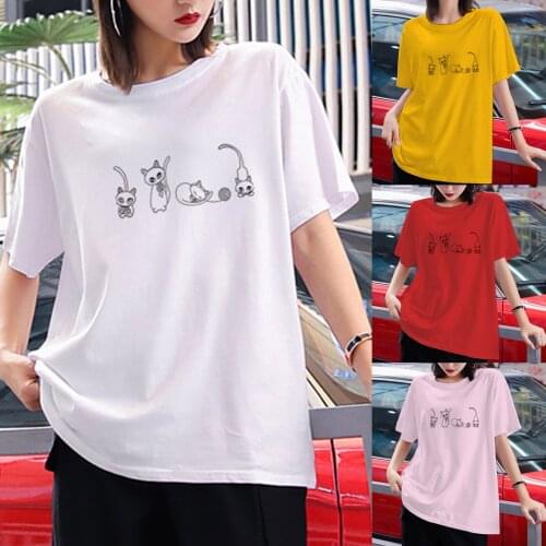 Womens Short Sleeve T-Shirt Cute Cartoon Cat Printed Sweatshirt Round Neck Pullover Top All-match Shirt Summer Blouse Tee ropa