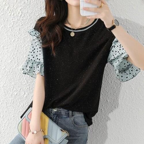 Summer 2021 New Lace Mesh Top Slim Bubble Sleeve Ice Silk Knitwear shirts women vintage t shirt oversized tshirt