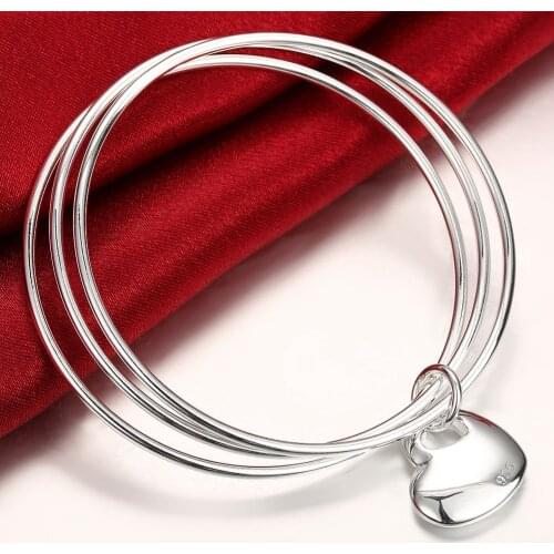 2019 New Trendy 925 Sterling Silver Three Circle Heart Pendant Bracelet Bangles For Women Jewelry Love Bracelet