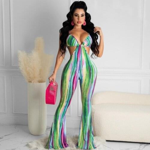 CHRONSTYLE Sexy Lady Multicolor Striped Jumpsuit Women Sleeveless Deep V Neck Hollow Out Playsuit Club Casual Romper Streetwear
