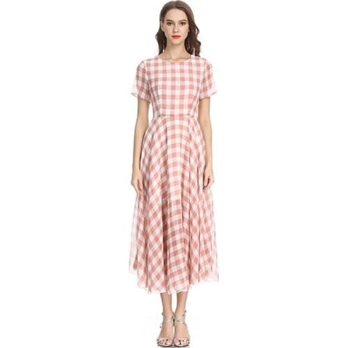 Women Summer Dress 2020 Casual Short Sleeve Long Dress Female Boho Plaid Maxi Dresses High Waist Elegant Sundress Vestidos