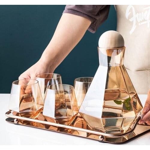 5pcs/set Water Pots Glass Carafe Set Wood Lid Decanter Pitcher Wine Whiskey Beer Juice Set Drinking Water Kettles