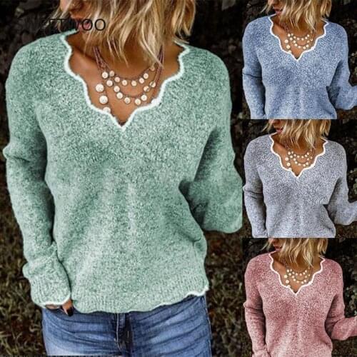 2021 Sweater Women Fashion V-Neck Long Sleeve Tops Winter Autumn Warm Pullover Casual Solid Knitted Sweater Jumper