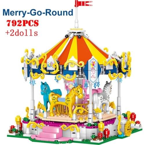 Amusement Park Carousel 3D Model Micro Building Blocks City Street View Architecture Mini Technical Bricks Children Toys Gifts