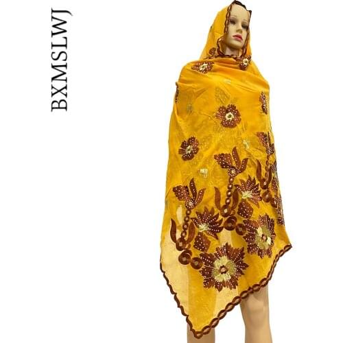 Africa Muslim Fashion Scarf Hijabs Plain African Style Embroidery Flower and Set With Diamonds Fabric Cotton for Headband Lady