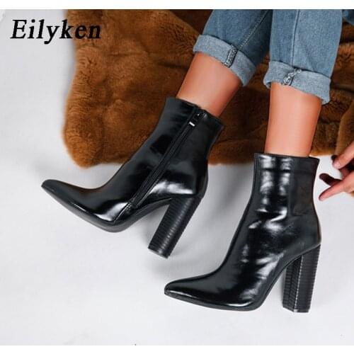Eilyken Women PU Leather Ankle Boots Thick Heels Pointed Toe Night Club Party Shoes Woman Basic Boots Office Pumps size 41 42