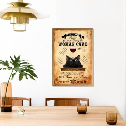 Black Cat Woman Cave Poster Cat Drink red Wine Art Print Vintage Get Retro Funny Bathroom Sign Canvas Painting Home Decor