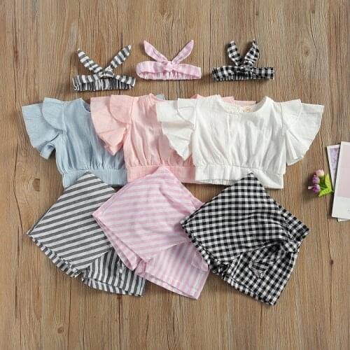 1-5Y Toddler Kids Baby Girl Fly Sleeve Crop Tops Plaid Striped Shorts Bottom Headband 3PCS Girls Clothing Set