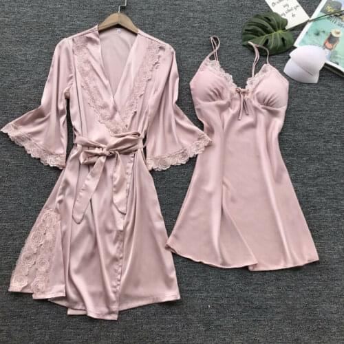 Sexy Flower 3Pcs Lingerie Women Underwear Silk Lace Robe Dress Sling top Thong Babydoll Nightdress Sleepwear Kimono