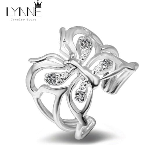 LYNNE Jewelry Ethnic Style Silver Plated Hyperbole Big Rings Open Resizable Rhinestone Butterfly Thumbs Ring Woman Fashion Gift