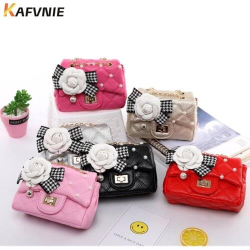 KAFVNIE Fashion Princess Bag Flower Women Bag Children Mobile Phone Handbag PU Pearl Chain Bucket Kid Flap Bag Party Purse 2018