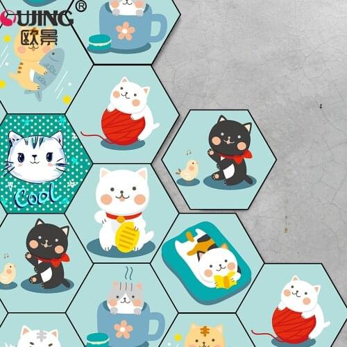 Cartoon Cute Kitten Cats Hexagon Tile Floor Wall Sticker Kids Rooms Nursery Bathroom Non-slip Mat Waterproof PVC DIY Art Mural