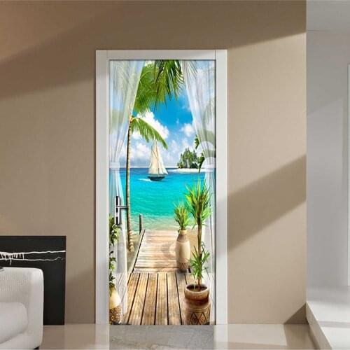 Custom Photo Wallpaper Mural 3D Window Blue Sky White Clouds Coconut Tree Landscape Mural PVC Self-adhesive Door Stickers Fresco
