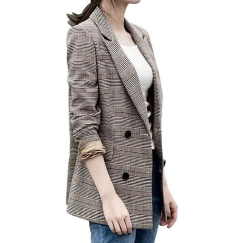 Newest Fashion Blazer Woman Plaid Print Full Sleeve Office Lady Notched Button Casual Women Blazers Button Decor