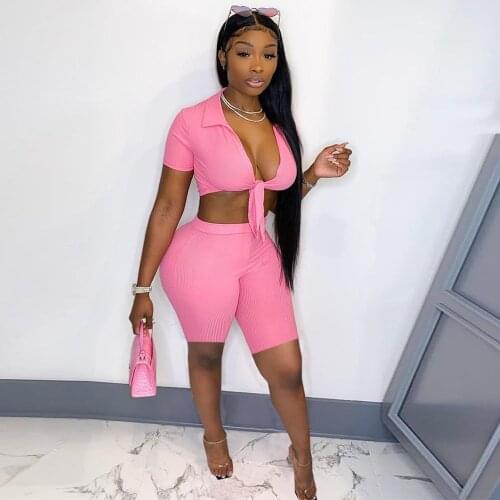 White/blue/pink Bandage 2 Piece Set Women Slim Sporty Short Sleeve Crop Tops and Skinny Biker Shorts Casualware Female Outfit