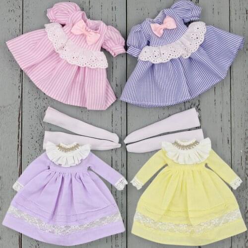 Outfits for Blyth doll pink and blue stripe dress with socks simple for the 1/6 BJD azone icy dbs