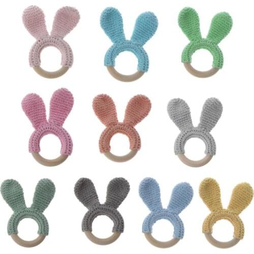 OOTDTY Baby Teether Bunny Ear Crochet Wooden Ring Safe Organic Wood Teething Rattle Toy