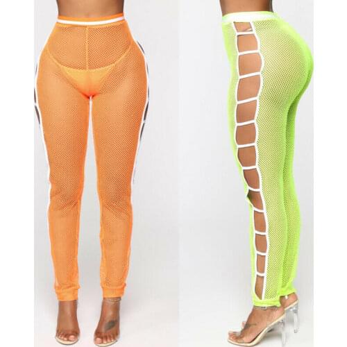 Sexy Women Mesh Fishnet Bikini Cover Up High Waist Slim Side Hollow Long Leggings Trouser Sheer Party Swimwear