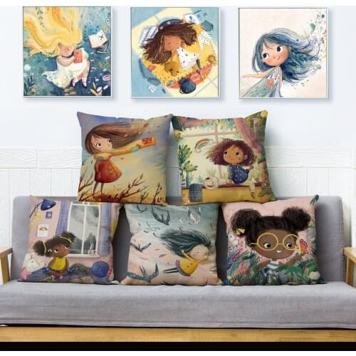 Lovely Cartoon Dream Little Girl Print Cushion Cover 50 Design Kid Gift Square Linen Pillowcase Sofa Home Decor Pillows Cases