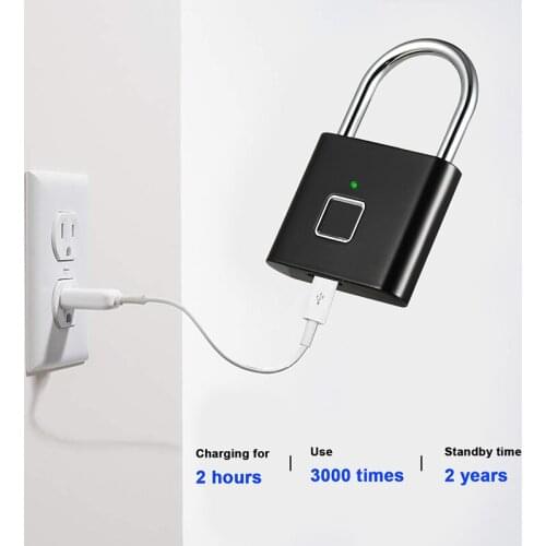 Smart Keyless USB Charging Fingerprint Lock Smart Padlock door lock 0.1sec Unlock Portable Anti-theft Fingerprint Padlock Zinc