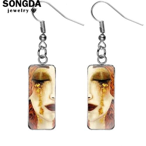 SONGDA Hot Gustav Klimt Art Paintings Rectangular Earrings The Kiss Golden Tears Fish Hook Earrings Photo Glass Cabochon Jewelry