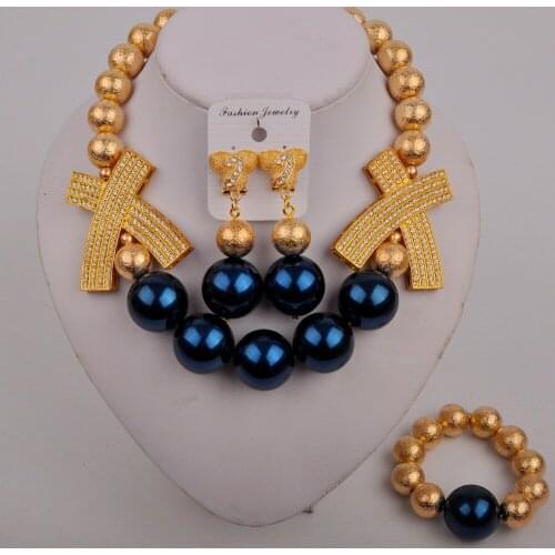 Dark Blue African Jewelry Sets Dubai Gold Color Nigerian Jewelry Sets Wholesale Bridal Bead Wedding Jewelry Set Women Costume