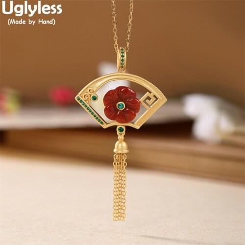 Uglyless Window Lattice New Design China Chic Fan Necklaces for Women Agate Flower Pendants + Chains 925 Silver Tassels Jewelry