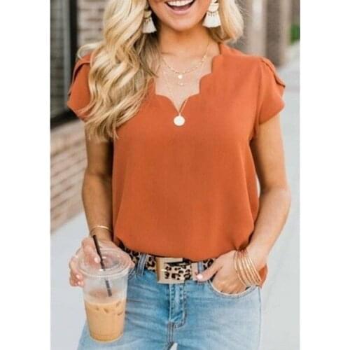 Summer Ladies Solid Color Lace V-neck Chiffon Short Sleeves Shirts Women Oversized T Shirt Large Size Women Fashion Tops