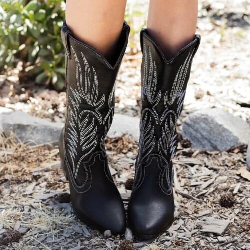 Women Mid Calf Western Boots Cowboy Pointed Toe Knee High Pull on Boots Ladies Fashion Leather Motorcycle Boots Botas Mujer D25