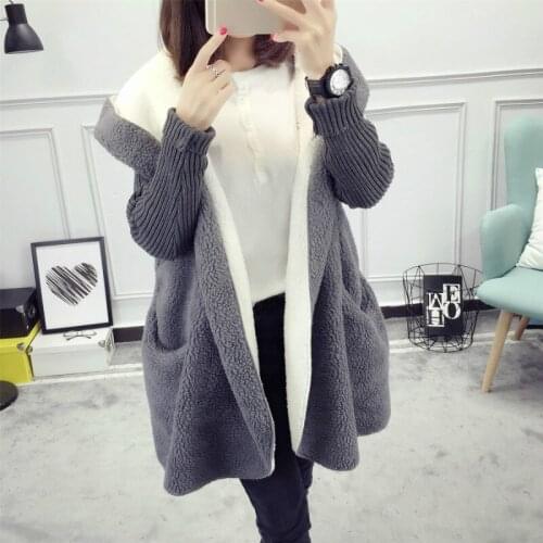 Autumn Winter Outerwear Women Sweater Cardigan Medium-long Loose Sweaters Coat Hooded LambWool Covered Button Knit Female Pocket