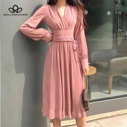 Bella philosophy 2019 Autumn New Korean Fashion V-Neck Lace-up Dress Ladies Solid Long Sleeve Dress Female High Waist Dress