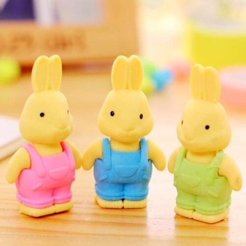 3pcs Rabbit Bib overall Eraser Cute Creative Cartoon animal Pencil rubber Korea stationery gifts for girls boy school Supplies