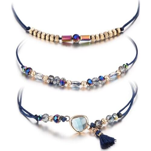 3PC Crystal Bead Rope Chain Women Bangles Gold Metal Beads Bracelets Bangles Trendy Fashion Hematite Woman Jewelry Gifts