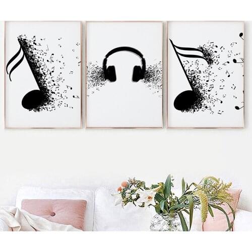 Abstract Canvas Painting Wall Art Nordic Musical Note Headphones Modern Poster Black and White Lines Living Room Home Decoration