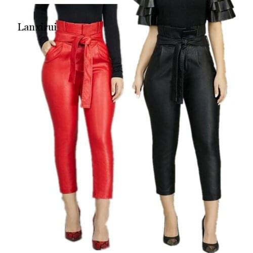 High Waist Ruffles Belted PU Leather Pants Women Fashion Trousers Faux Leather Cargo Pants Women Plus Size Skinny Pencil Pants