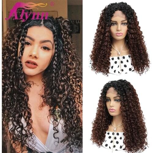 Alynn Long Curly Omber Brown Synthetic Lace Front Wigs Middle Part Heat Resistant Hair Cosplay Wig For Womens Daily Use