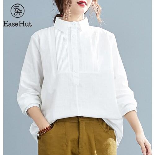 EaseHut Women Vintage Cotton Linen Blouses Pleated Turn-down Collar Button Down Henley Shirt Loose Casual Large Size Blusas
