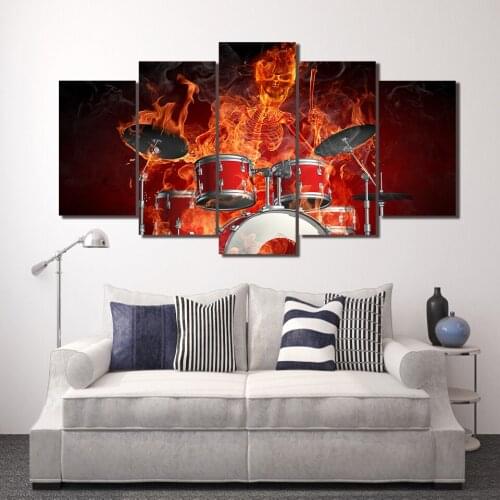 HD Printed 5 piece Canvas Art Flame Skeleton Drummer Skull Drums Fire painting Wall Pictures Decorative Free shipping/ny-1527