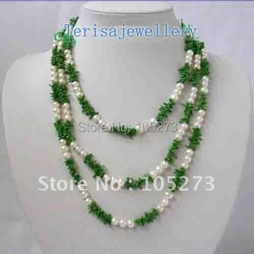 Classic Long 60'' 7mm round white freshwater pearls green coral necklace fashion jewelry wholesale new free shipping FN798