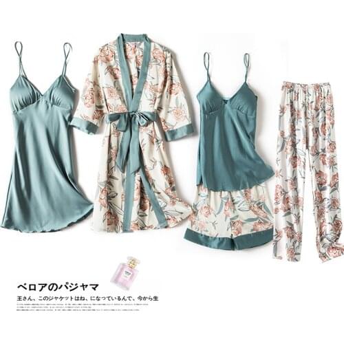 Summer Print Sexy Nighty&Robe Set Strap Top Lady 5PCS Sleepwear Full Sleeve&Pant Satin Nightwear Kimono Bath Robe Gown