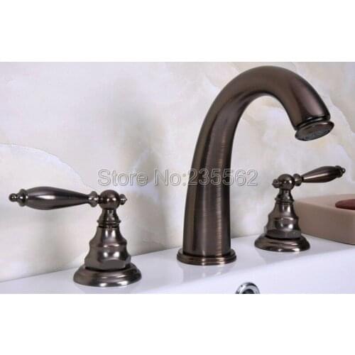 Brown Bronze 3 Hole Widespread Bathroom Basin Faucet Deck Mounted Vessel Sink Dual Handle Mixer Taps Lnf436