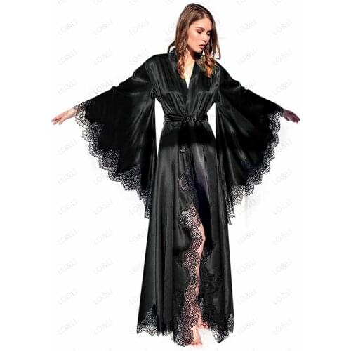 Lace Satin BathGown Womens Luxury Long Silk Boudoir Satin Robe Lace Robe with Floor Length Long Kimono Robe