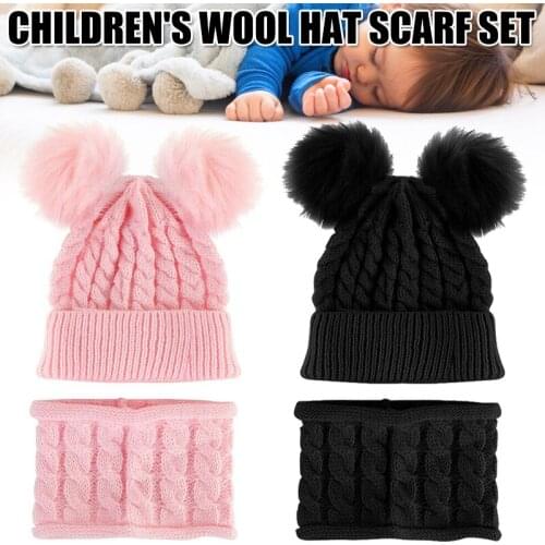 Cute 1 set Kids Boy Girl Pom Hat Kit Winter Warm Knit Bobble Beanie Cap Scarf Set With Two Pompom Baby Warm Winter Caps