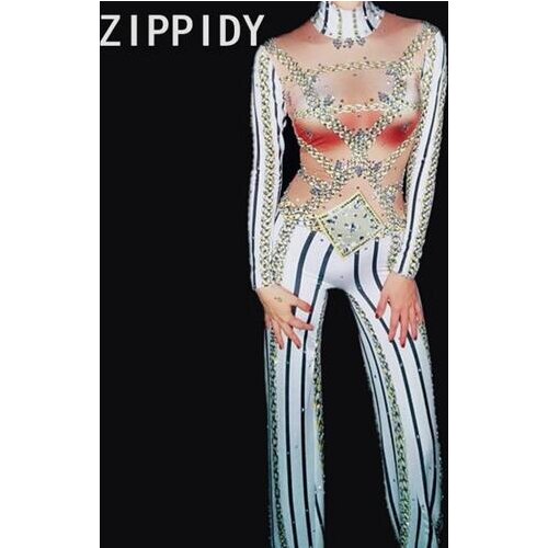 Fashion Glisten Rhinestones Stripe Printed Sexy Loose Pants Female Singer Bodysuit Nightclub Womens Party Stage Show Clothes