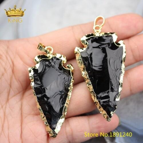 5pcs Arrow Tourmaline Pendant Fashion Jewelry,Rock Black Tourmaline Arrowhead Plated Gold Edged Charms for Necklace Making YT121