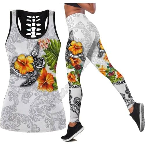 Sea turtle Polynesian 3D Printed Hollow Out Tank Legging Suit sexy Yoga Fitness Soft Legging Summer Women For Girl 16