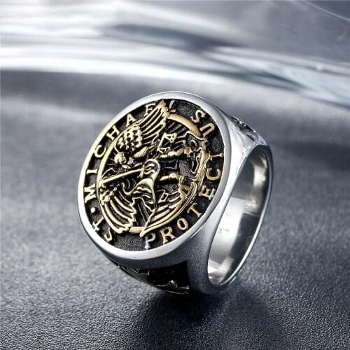 New Trendy St Michael 316L stainless steel Kights archangel michael man rings pray for us wholesale retro finger Large men ring